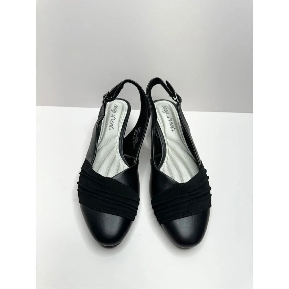 Easy Street Black Slingback Pumps‎ Pleated Low Block Heel Shoes 6.5